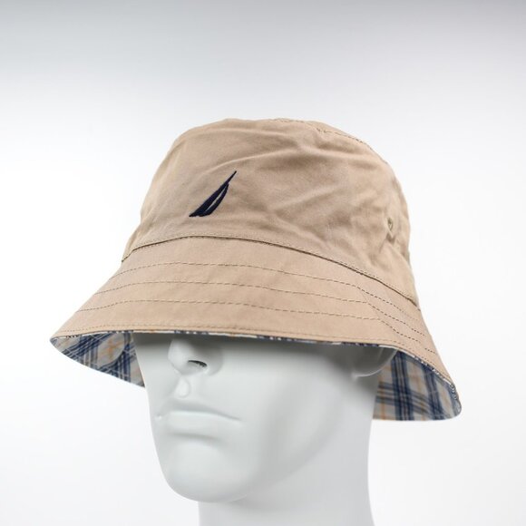 NWT Nautica Reversible Bucket Hat (Khaki / Plaid), 100% Cotton, S/M, L/XL Unisex - Picture 1 of 3